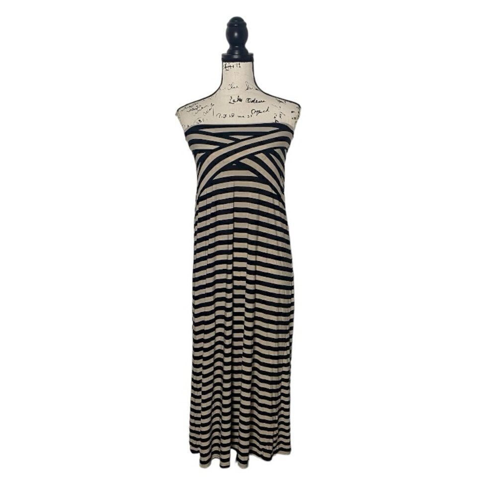 ECI New York SZ S black and beige striped strapless maxi dress